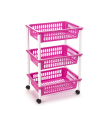 Tradineur - Carro verdulero rosa modelo PLFT con ruedas 3 cestas 40 x 30 x 61,5 cm. Carrito portaobjetos estantes multiusos para organizar los espacios domésticos