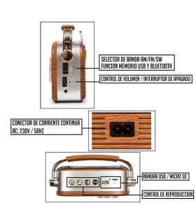 Tradineur - Radio vintage "Blues" clásico con asa - Sintonizador AM/FM/SW - Sintonizador con Indicador - Batería recargable - Bluetooth - Conector USB / Micro SD