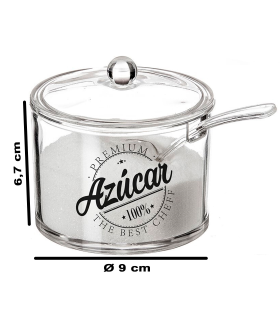 Tradineur - Azucarero redondo transparente de metacrilato con tapa y cucharilla, Modelo Premium, recipiente para guardar y servir azúcar, condimentos de cocina (Premium, 9 x 6,7 cm)