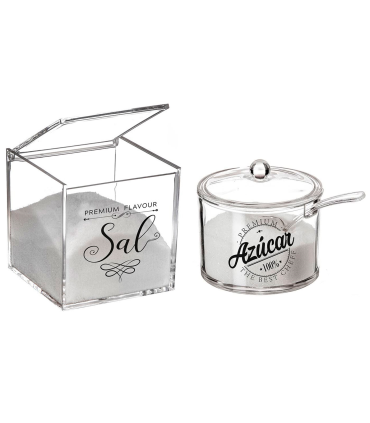 Tradineur - Set de salero y azucarero transparentes de metacrilato con tapa, recipientes para guardar sal y azúcar, condimentos de cocina (Premium, 10 y 9 cm)