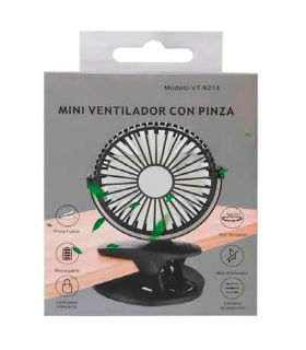 Tradineur - Mini ventilador recargable portátil con pinza, rotación 360º, 3 velocidades, silencioso, diseño compacto, 22 x 10,5 x 3,5 cm, color aleatorio