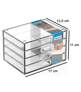 Tradineur - Mini cajonera transparente A6 con 4 cajones, plástico, organizador de cosméticos, maquillaje, accesorios de costura, tornillos, fabricada en España - 11 x 17 x 12,5 cm