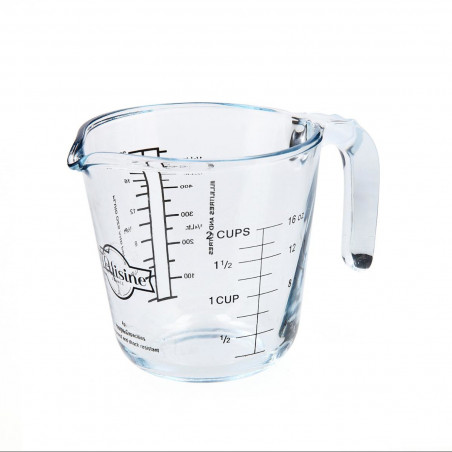 Tradineur - Jarra de vidrio medidora de 500 ml, diferentes tipos de medidas, 12 x 12 x 16 cm, vaso medidor con asa válido para m