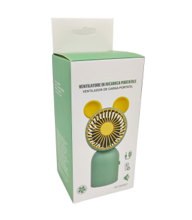 Tradineur - Mini ventilador recargable portátil de mano, orejas de ratón, 2W, 1 velocidad, batería interna y cable USB, diseño compacto, 13 x 6,5 x 5,5 cm, color aleatorio