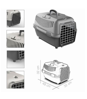 Tradineur - Transportín para perros, gatos portátil y transpirable 48 x 32 x 32 cm, porta mascotas de plástico desmontable con asa, máximo 6 kg, transporte de animales, viajes (Gris)