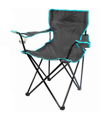 Tradineur - Silla de camping plegable con reposabrazos y portavasos, acero y poliéster, incluye bolsa, máximo 90 kg, acampada, pescar, jardín (Gris, 80 x 50 x 50 cm)