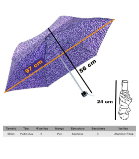 Tradineur - Paraguas plegable estampado de mujer, poliéster, apertura manual, 6 varillas de aluminio/fibra, compacto, viaje, 56 cm, diseño aleatorio