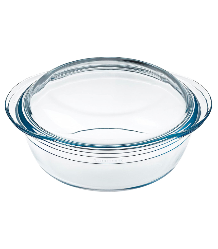 Tradineur - Cacerola redonda de vidrio borosilicato con tapa, molde, fuente para horno, lasaña, apta para microondas, asar, hornear - 3 litros - 26,5 x 23 x 11,2 cm