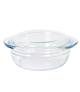 Tradineur - Cacerola redonda de vidrio borosilicato con tapa, molde, fuente para horno, lasaña, apta para microondas, asar, hornear - 3 litros - 26,5 x 23 x 11,2 cm