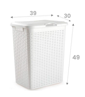 Tradineur - Cesto rattan para ropa sucia con tapa y asas, pongotodo de plástico, cubo para colada, imitación de mimbre, fabricado en España (Blanco - 38 litros - 49 x 38,5 x 29,5 cm)