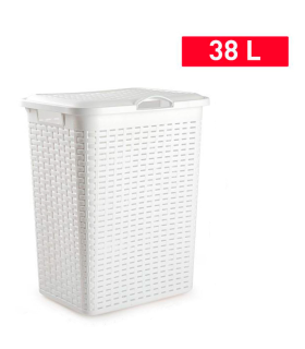 Tradineur - Cesto rattan para ropa sucia con tapa y asas, pongotodo de plástico, cubo para colada, imitación de mimbre, fabricado en España (Blanco - 38 litros - 49 x 38,5 x 29,5 cm)