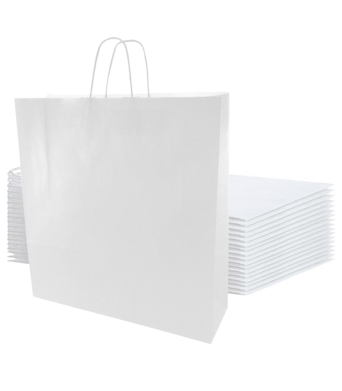 Tradineur - Pack de 50 bolsas de papel de celulosa, incluyen asas, biodegradables, regalos, tiendas, comercios (Blanco - XL - 46 x 40 x 18 cm)