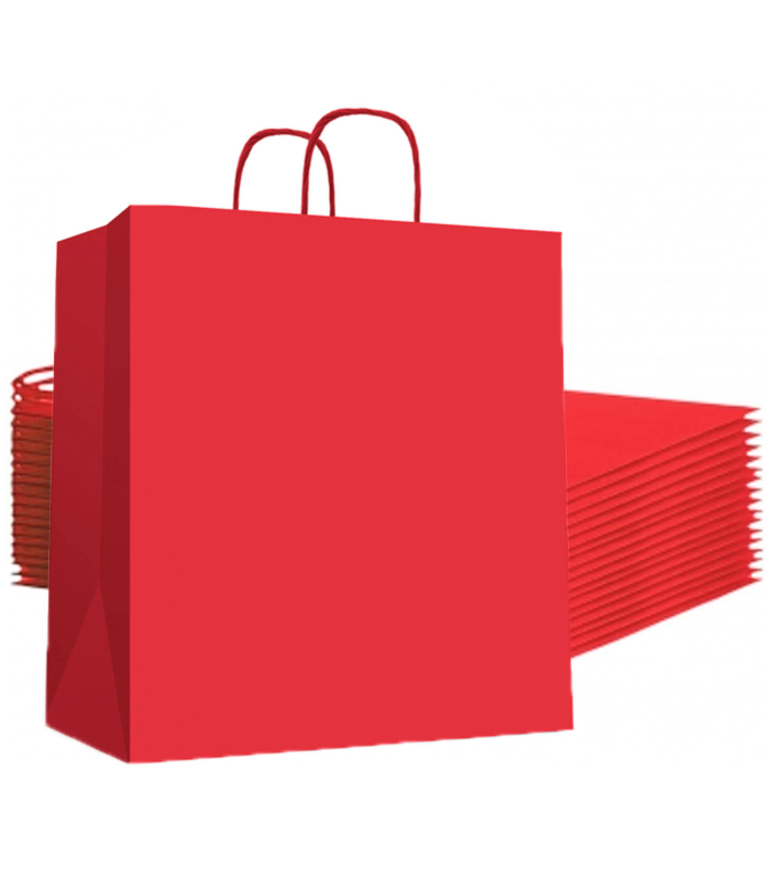 Tradineur - Pack de 50 bolsas de papel de celulosa, incluyen asas, biodegradables, regalos, tiendas, comercios (Rojo - XL - 46 x 40 x 18 cm)