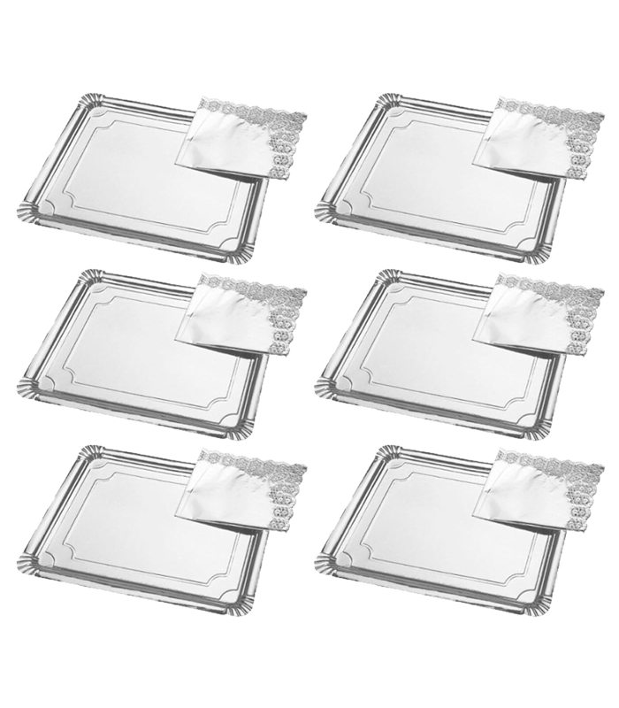 Tradineur - Pack de 6 bandejas rectangulares de cartón con blonda, fuente reciclable para pasteles con encaje de papel, decoración de fiestas, presentación de postres (Plata - 31 x 38 cm)