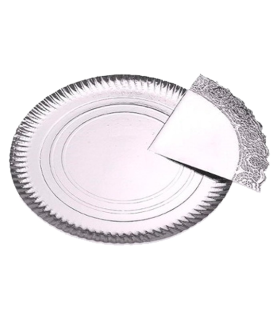 Tradineur - Pack de 6 bandejas redondas de cartón con blonda, fuente reciclable para pasteles con encaje de papel, decoración de fiestas, presentación de postres (Plata - Ø 30 cm)