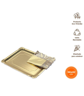 Tradineur - Pack de 6 bandejas rectangulares de cartón con blonda, fuente reciclable para pasteles con encaje de papel, decoración de fiestas, presentación de postres (Dorado - 34 x 42 cm)