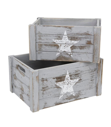 Juego de 2 cajas de madera de almacenamiento vintage con asas 18 x 36 x 25,7 cm y 15,8 x 31 x 21 cm, diseño con estrella, set de cajas rectangulares decorativas, almacenaje y transporte de objetos