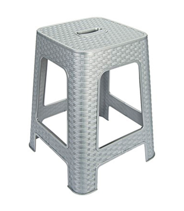 Tradineur - Taburete de plástico con asa Rattan, asiento de 28 x 28 cm, imitación de mimbre, banqueta multiusos, cocina, salón (Gris - 45,5 x 36,7 x 36,7 cm)