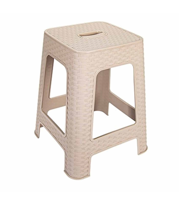 Tradineur - Taburete de plástico con asa Rattan, asiento de 28 x 28 cm, imitación de mimbre, banqueta multiusos, cocina, salón (Beige - 45,5 x 36,7 x 36,7 cm)