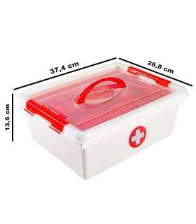 Tradineur - Caja botiquín de plástico con asa y bandeja extraíble, cierres click, almacenamiento primeros auxilios, fabricado en España, 9 litros - 37,4 x 28,8 x 13,5 cm