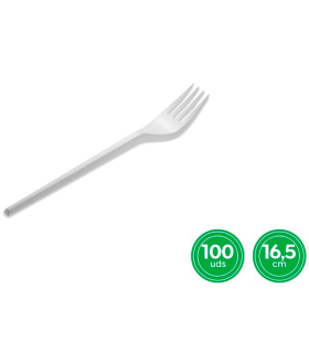 Tradineur - Pack de 100 tenedores reutilizables de plástico, 100% reciclables, extra resistentes, higiénicos, apilables, aptos para lavavajillas (Blanco - 16,5 cm)