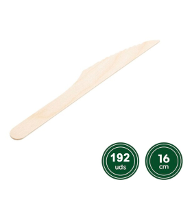 Tradineur - 16 paquetes de 12 cuchillos de madera biodegradables, reciclables, extra resistentes, producto orgánico natural - 16 cm - Total 192 uds