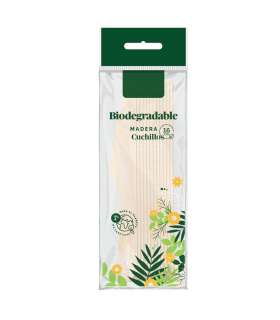 Tradineur - 16 paquetes de 12 cuchillos de madera biodegradables, reciclables, extra resistentes, producto orgánico natural - 16 cm - Total 192 uds