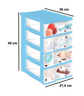 Tradineur - Cajonera de plástico, modelo Let's Fly, 4 cajones transparentes, torre almacenaje, juguetes, dormitorio infantil, niños, fabricada en España (Azul - 36 x 28 x 49 cm)