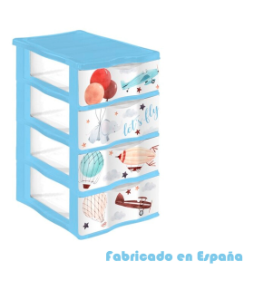 Tradineur - Cajonera de plástico, modelo Let's Fly, 4 cajones transparentes, torre almacenaje, juguetes, dormitorio infantil, niños, fabricada en España (Azul - 36 x 28 x 49 cm)