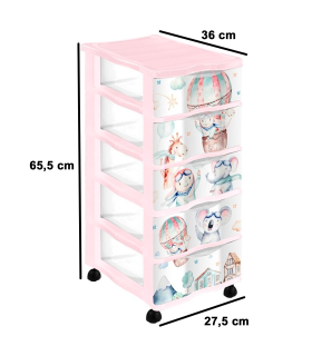 Tradineur - Cajonera de plástico con ruedas, modelo Volar, 5 cajones transparentes, torre almacenaje, juguetes, dormitorio infantil, niños, fabricada en España (Rosa - 36 x 28 x 65,5 cm)