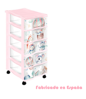 Tradineur - Cajonera de plástico con ruedas, modelo Volar, 5 cajones transparentes, torre almacenaje, juguetes, dormitorio infantil, niños, fabricada en España (Rosa - 36 x 28 x 65,5 cm)