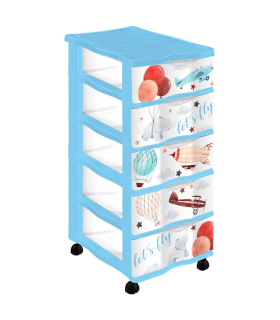 Tradineur - Cajonera de plástico con ruedas, modelo Let's Fly, 5 cajones transparentes, torre almacenaje, juguetes, dormitorio infantil, niños, fabricada en España (Azul - 36 x 28 x 65,5 cm)