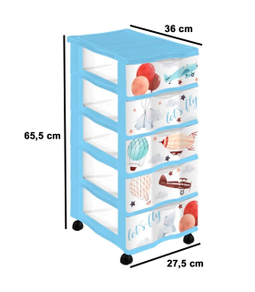 Tradineur - Cajonera de plástico con ruedas, modelo Let's Fly, 5 cajones transparentes, torre almacenaje, juguetes, dormitorio infantil, niños, fabricada en España (Azul - 36 x 28 x 65,5 cm)