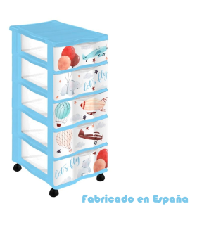 Tradineur - Cajonera de plástico con ruedas, modelo Let's Fly, 5 cajones transparentes, torre almacenaje, juguetes, dormitorio infantil, niños, fabricada en España (Azul - 36 x 28 x 65,5 cm)