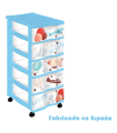 Tradineur - Cajonera de plástico con ruedas, modelo Let's Fly, 5 cajones transparentes, torre almacenaje, juguetes, dormitorio infantil, niños, fabricada en España (Azul - 36 x 28 x 65,5 cm)