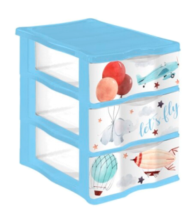 Tradineur - Cajonera de plástico, modelo Let's Fly, 3 cajones transparentes, torre almacenaje, juguetes, dormitorio infantil, niños, fabricada en España (Azul - 36 x 28 x 37 cm)