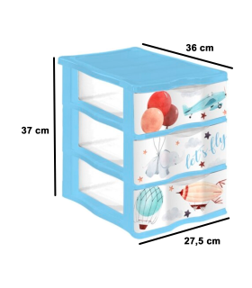 Tradineur - Cajonera de plástico, modelo Let's Fly, 3 cajones transparentes, torre almacenaje, juguetes, dormitorio infantil, niños, fabricada en España (Azul - 36 x 28 x 37 cm)