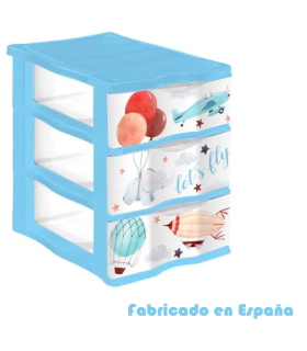 Tradineur - Cajonera de plástico, modelo Let's Fly, 3 cajones transparentes, torre almacenaje, juguetes, dormitorio infantil, niños, fabricada en España (Azul - 36 x 28 x 37 cm)