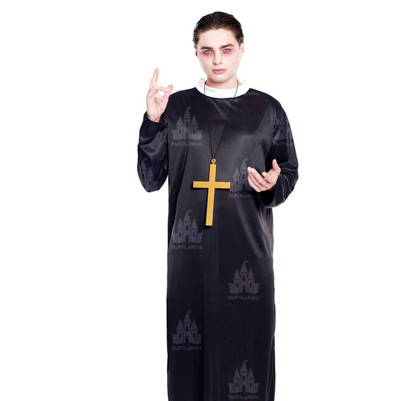 Tradineur - Disfraz de cura color negro con crucifijo como colgante para jóvenes y adultos para carnaval, halloween, talla L Tradineur - Disfraz de cura color negro con crucifijo como colgante para jóvenes y adultos para carnaval, halloween, talla L