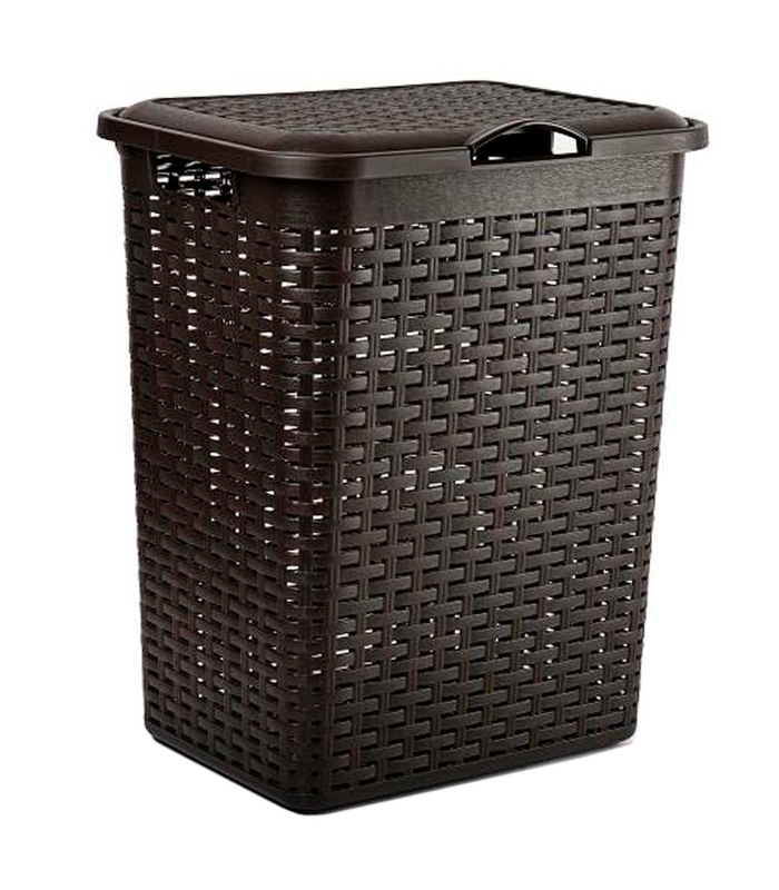 Tradineur - Cesto rattan para ropa sucia con tapa y asas, pongotodo de plástico, cubo para colada, imitación de mimbre, fabricado en España (Wengué - 38 litros - 49 x 38,5 x 29,5 cm)