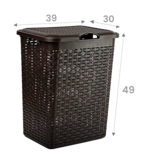 Tradineur - Cesto rattan para ropa sucia con tapa y asas, pongotodo de plástico, cubo para colada, imitación de mimbre, fabricado en España (Wengué - 38 litros - 49 x 38,5 x 29,5 cm)