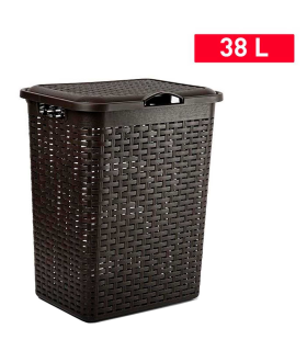 Tradineur - Cesto rattan para ropa sucia con tapa y asas, pongotodo de plástico, cubo para colada, imitación de mimbre, fabricado en España (Wengué - 38 litros - 49 x 38,5 x 29,5 cm)