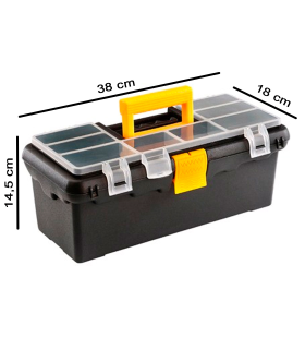 Tradineur - Caja de herramientas de plástico con asa y 8 compartimentos en la tapa, organizador, almacenamiento, fabricado en España, 38 x 18 x 14,5 cm, color aleatorio