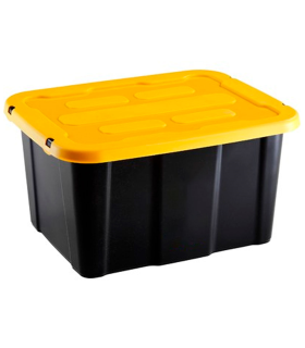 Tradineur - Caja de almacenaje apilable con tapa, plástico, cajón multiusos, ordenación, herramientas, hogar, fabricada en España (Amarillo y negro - 30 litros - 48 x 38 x 25,5 cm)