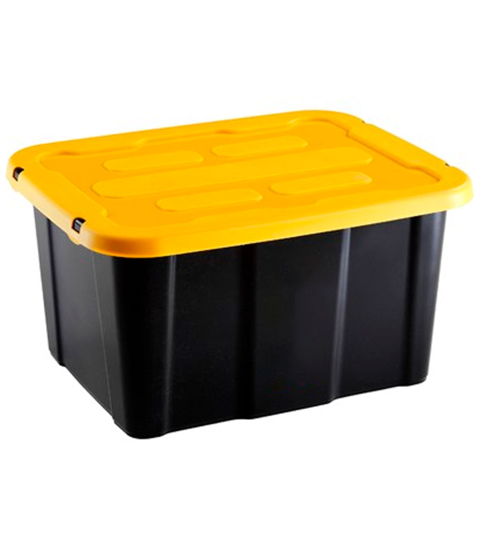 Tradineur - Caja de almacenaje apilable con tapa, plástico, cajón multiusos, ordenación, herramientas, hogar, fabricada en España (Amarillo y negro - 30 litros - 48 x 38 x 25,5 cm)