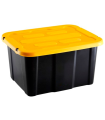 Tradineur - Caja de almacenaje apilable con tapa, plástico, cajón multiusos, ordenación, herramientas, hogar, fabricada en España (Amarillo y negro - 30 litros - 48 x 38 x 25,5 cm)