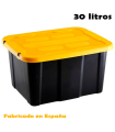 Tradineur - Caja de almacenaje apilable con tapa, plástico, cajón multiusos, ordenación, herramientas, hogar, fabricada en España (Amarillo y negro - 30 litros - 48 x 38 x 25,5 cm)