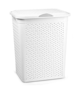 Tradineur - Cesto para ropa sucia con tapa y asas, pongotodo de plástico, cubo para colada, imitación de mimbre, fabricado en España (Blanco - 38 litros - 49 x 38,5 x 29,5 cm)