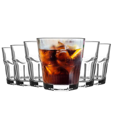 Tradineur - Juego de 6 vasos de cristal, modelo Aras, resistentes, base gruesa, servir agua, licores, bebidas, fiestas, uso diario (200 ml, 8 cm)