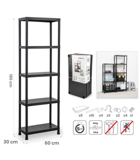 Tradineur - Estantería modular de plástico, 5 baldas, capacidad carga 125 kg, fácil montaje, almacenaje, garaje, trastero, fabricada en España (Negro - 180 x 60 x 30 cm)